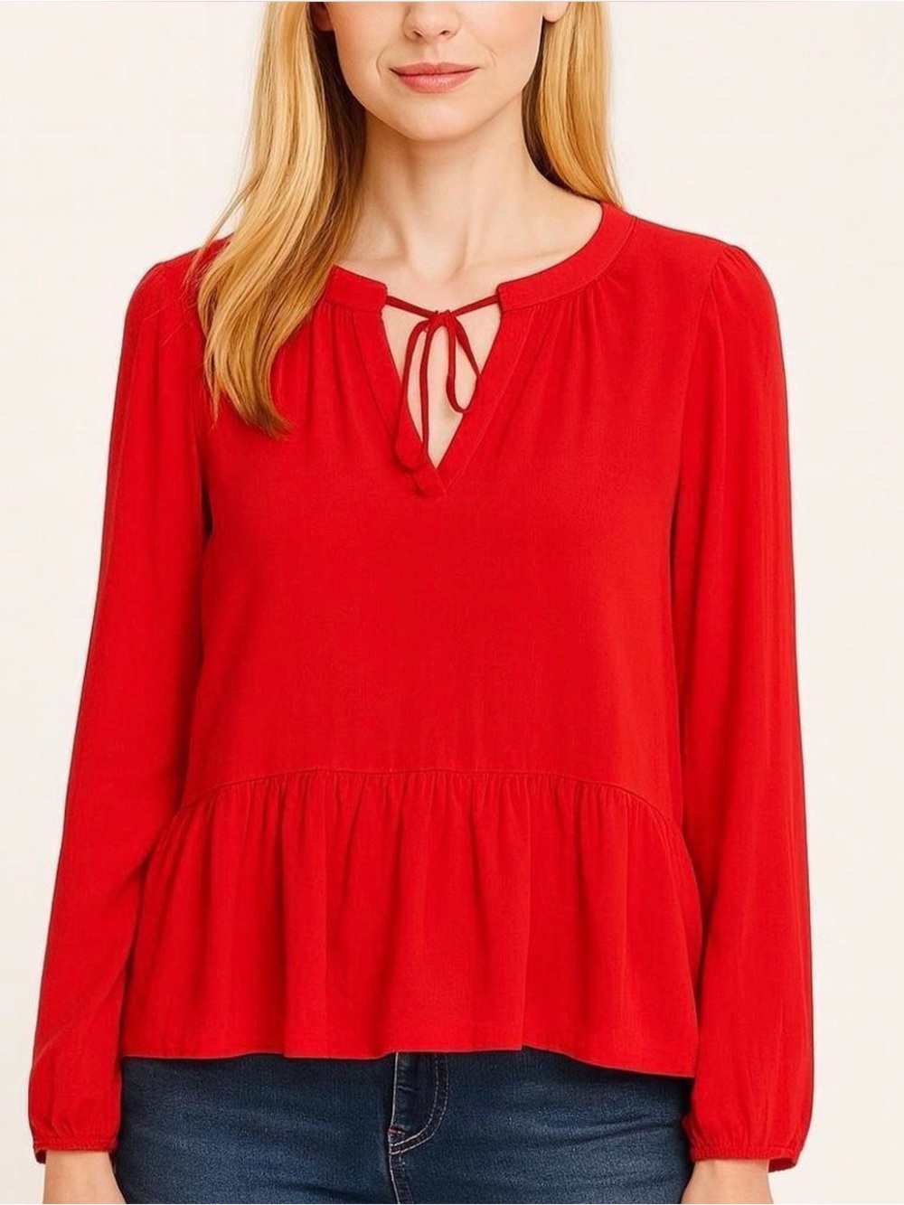 LOFT Red Orange Long-Sleeve Peplum Tie-Neck Tunic